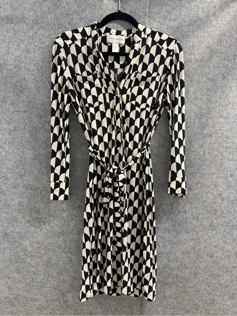 Donna Morgan Black & White Geo Print Long Sleeve Tie-Waist Dress - Womens 4